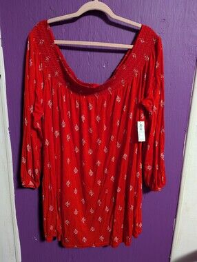 💜 NWT Old Navy Red White Micro Floral Adjustable Neck 3/4 Sleeve Blouse 4X 26